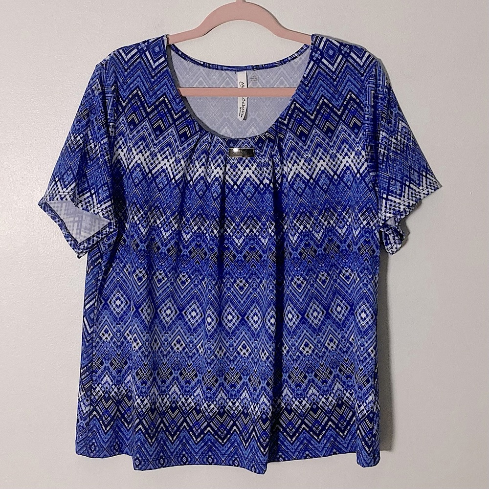 NY Collection Blue And White Geometric Pattern Short Sleeve Blouse Size 1X